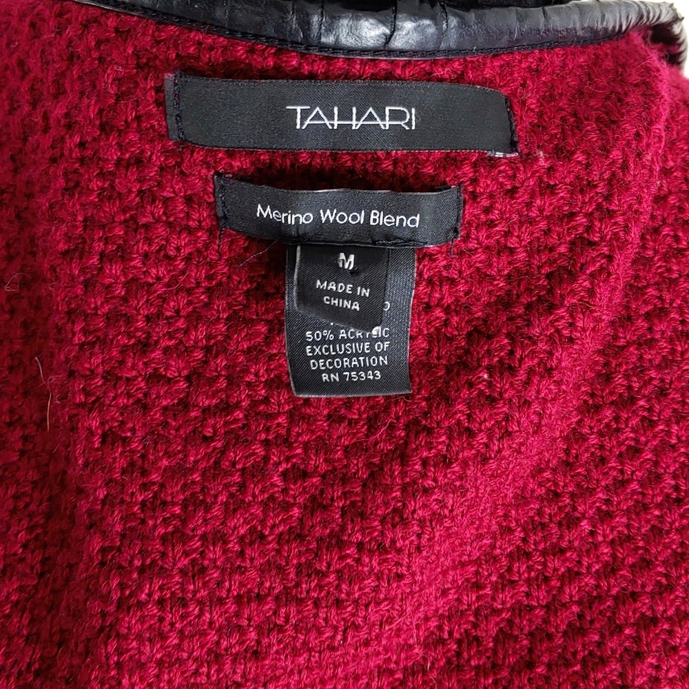 Tahari Womens M Maroon Merion Wool Blend Leather Accent Zip Jacket - Picture 2 of 6